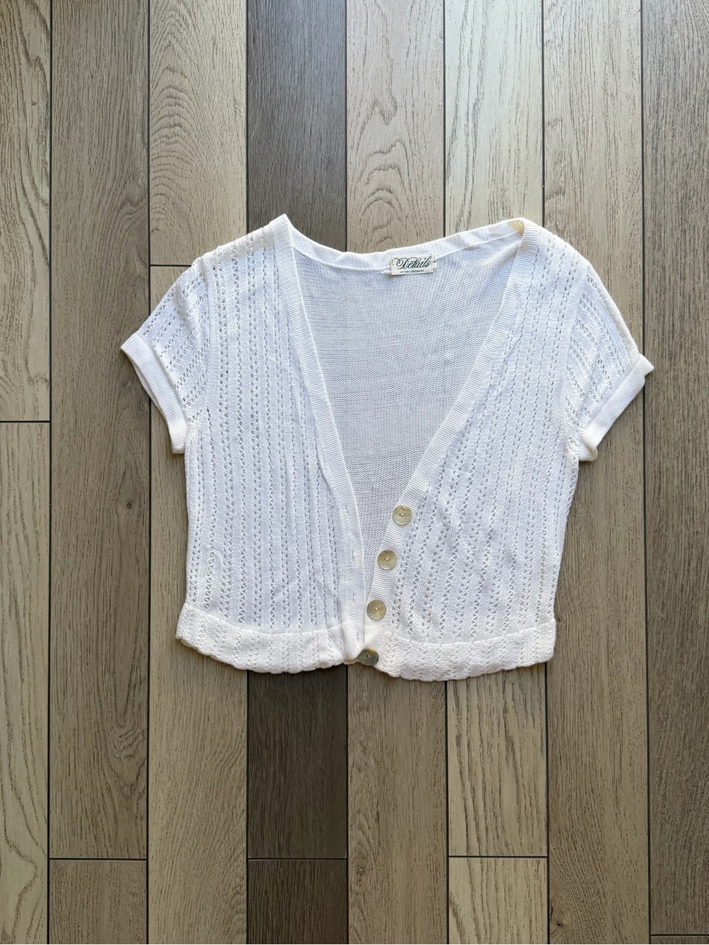 Details White Short-Sleeve Buttoned Knit Cardigan L